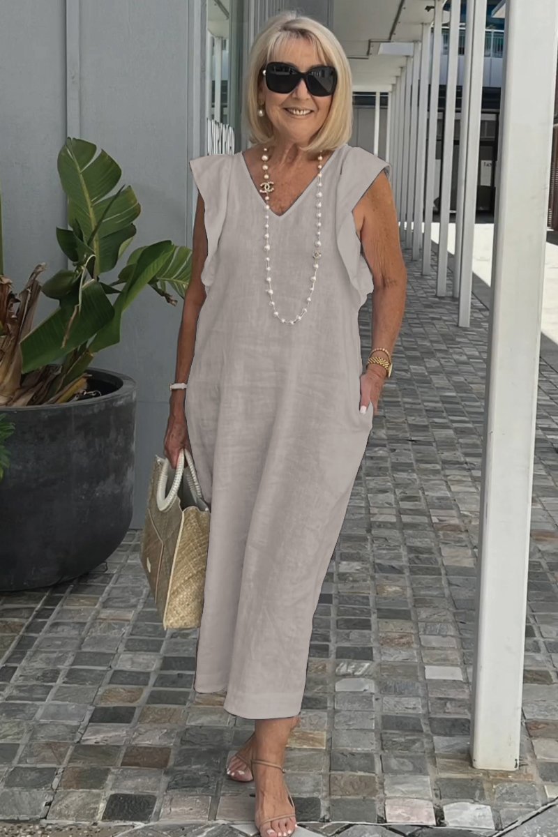Women's Summer Cotton-Linen Dress with Back Tie and Flutter Sleeves