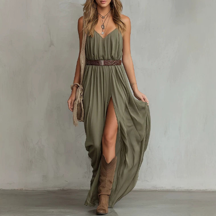 Retro V-Neck Sleeveless Chiffon Maxi Dress with Slit