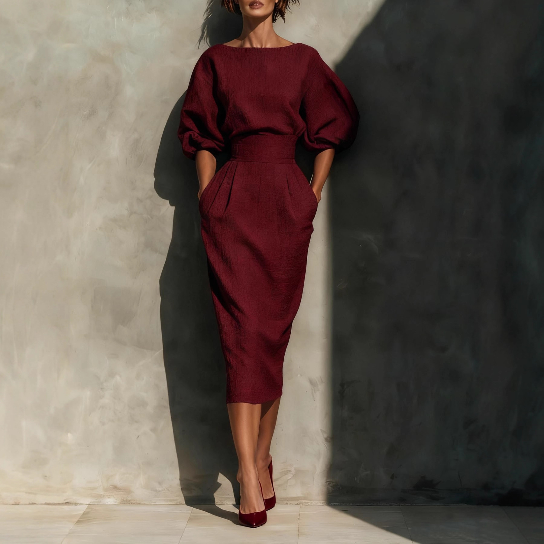 Plus Size Cotton-Blend Midi Dress with Round Neck and Puff Sleeves