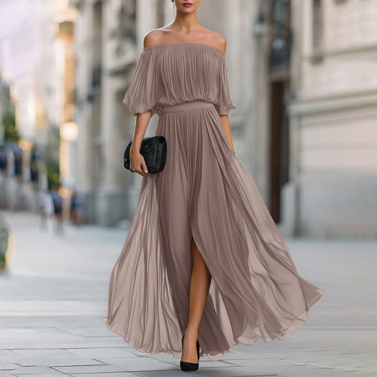 Off-Shoulder Ruched Solid Color Long Dress