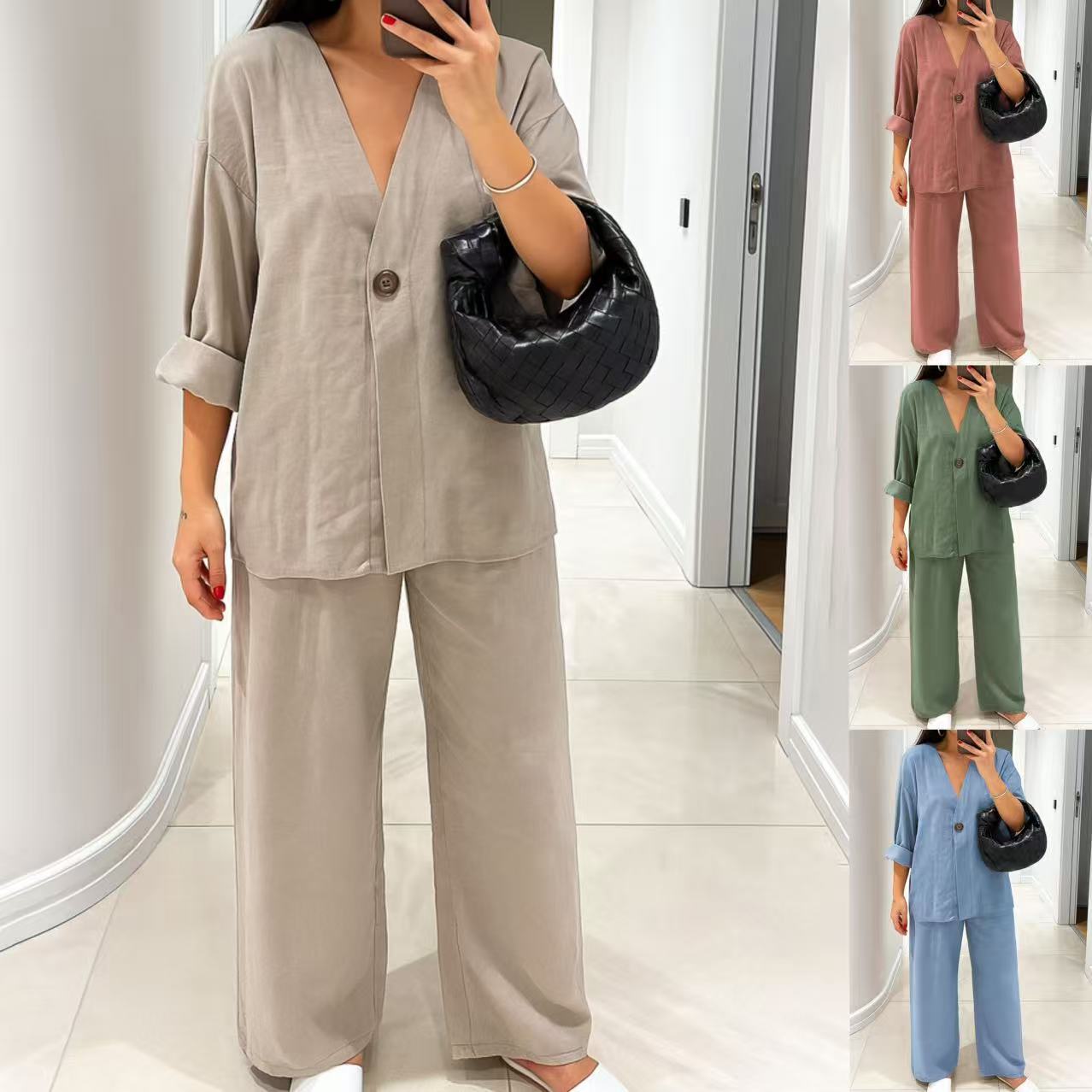 Women's Casual V-Neck One-Button Cardigan and Pants Set