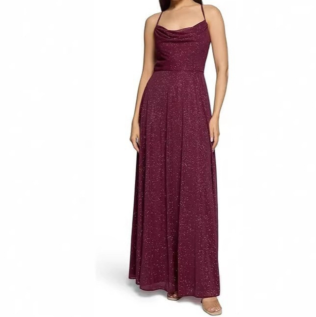 Women's Cowl Neck Sheath Dress Sleeveless Midi A-Line Shimmer Accent