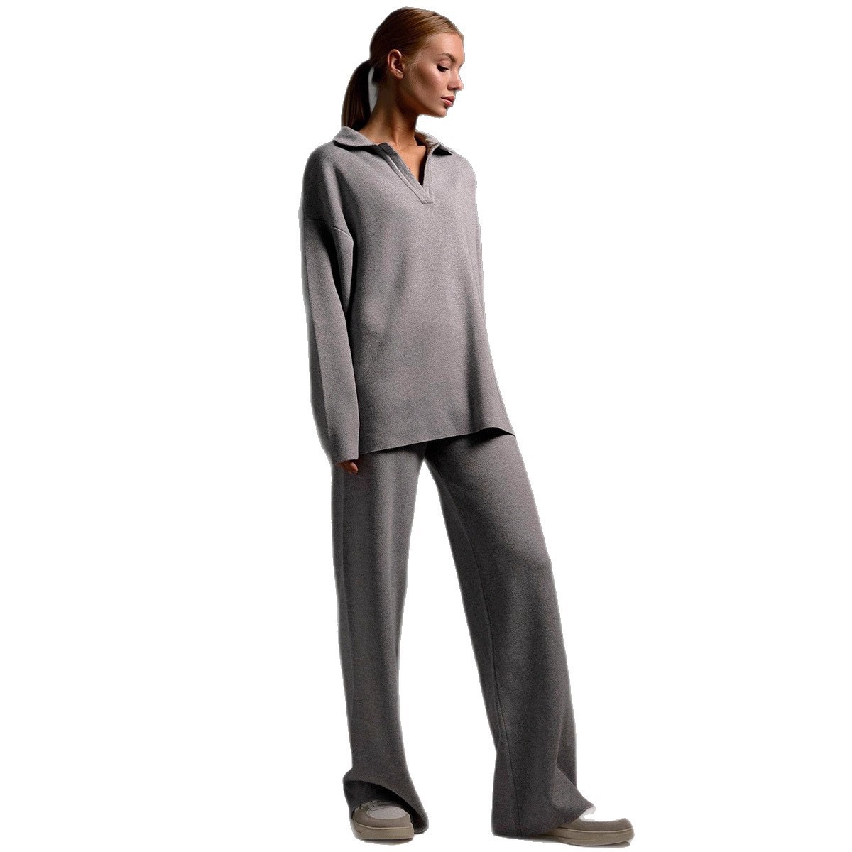 Polo Neck Pullover & Wide Leg Pants Two-Piece Set