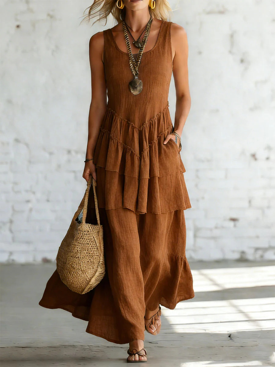 Women's Sleeveless Cotton Linen Dress with Flared Skirt