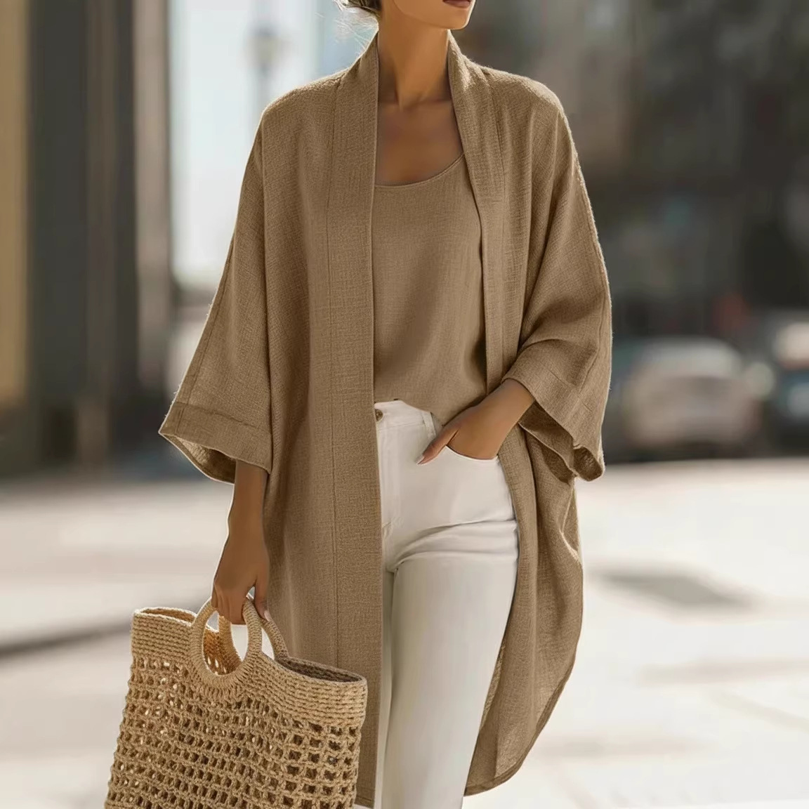 Women's Solid Color Cardigan & Tee Two-Piece Set Casual Loose Fit