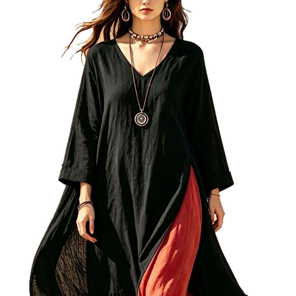 Bohemian Colorblock Patchwork Long Dress V-Neck Slit Beach Maxi