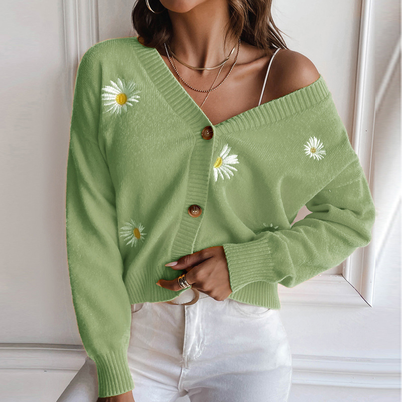 Daisy Embroidered V-Neck Cardigan Sweater