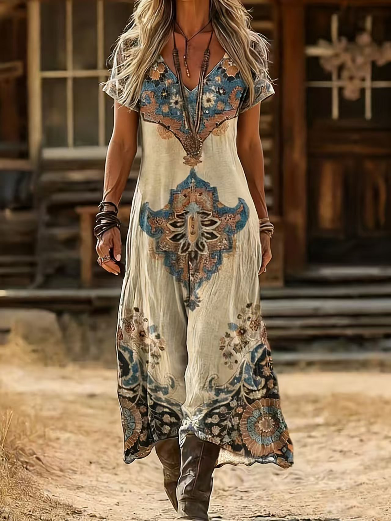 Retro Floral Print V-Neck Short Sleeve Dress