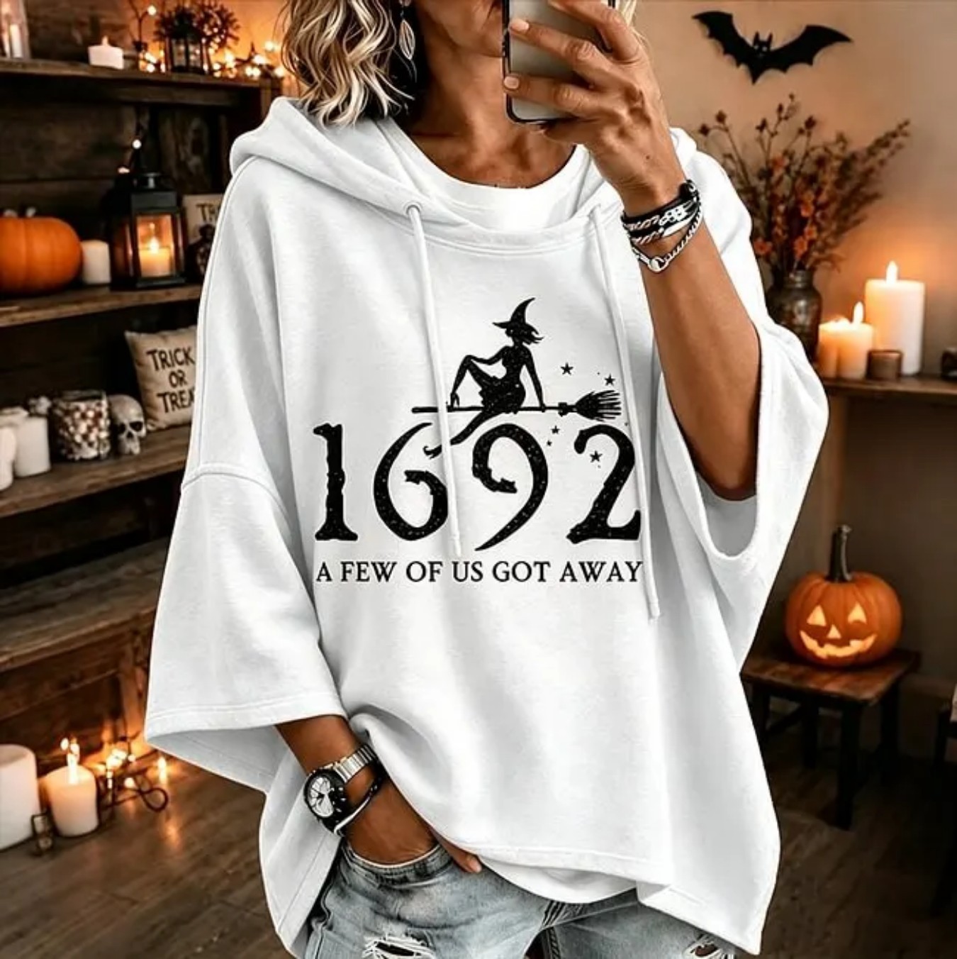Halloween Witch Broom Flying 1692 Print Hoodie Women's Top