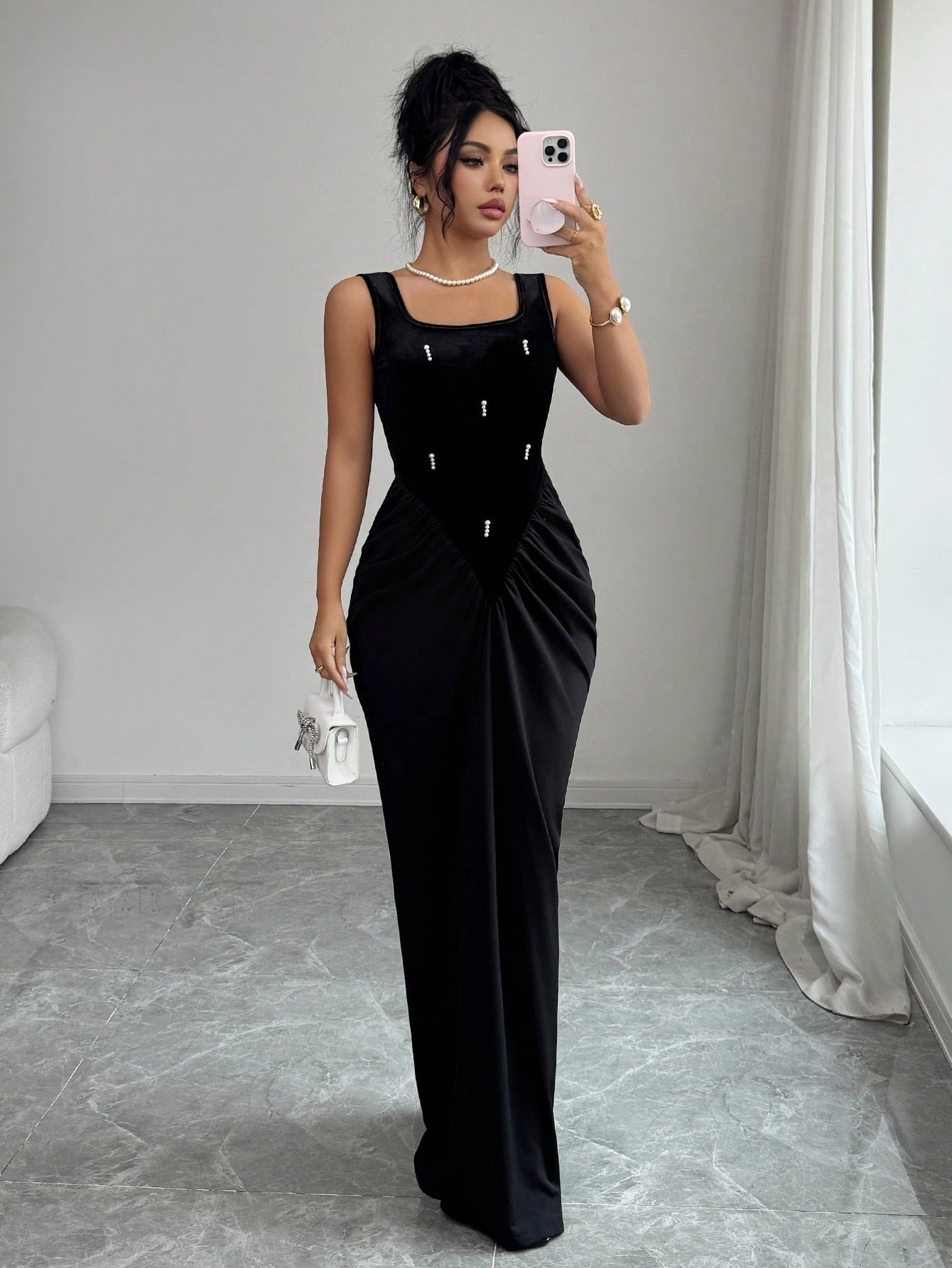 Sexy Square Neck Sleeveless Long Dress with Hand-Set Rhinestones