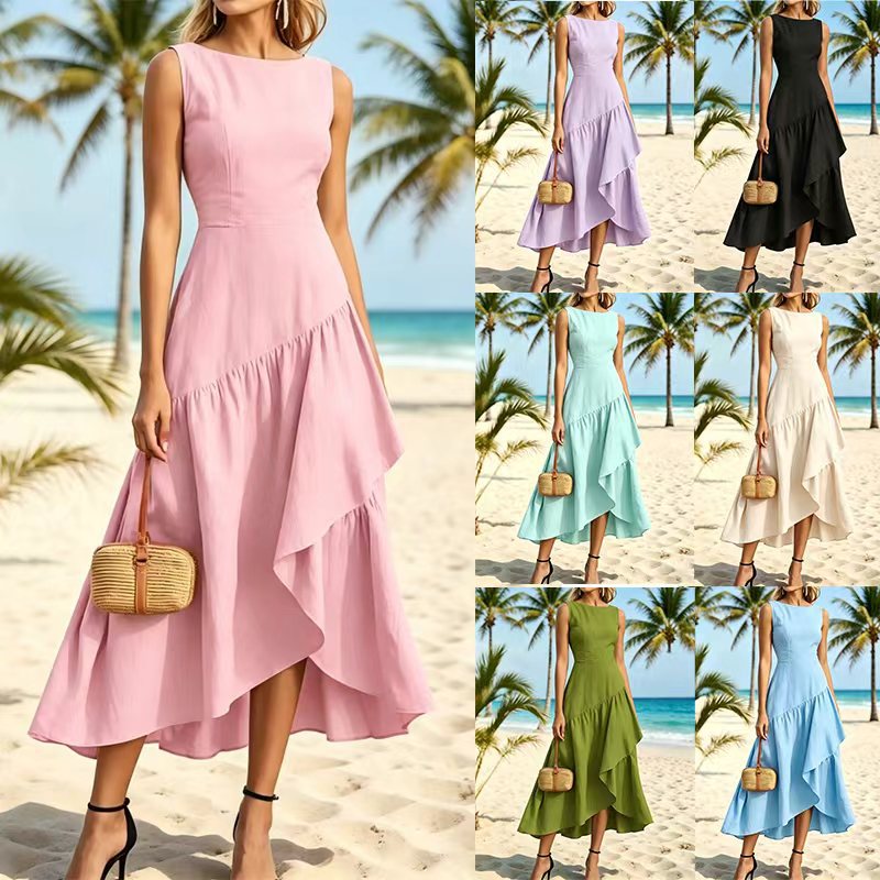 Women's Sleeveless Mesh Panel Midi Dress with Cinched Waist