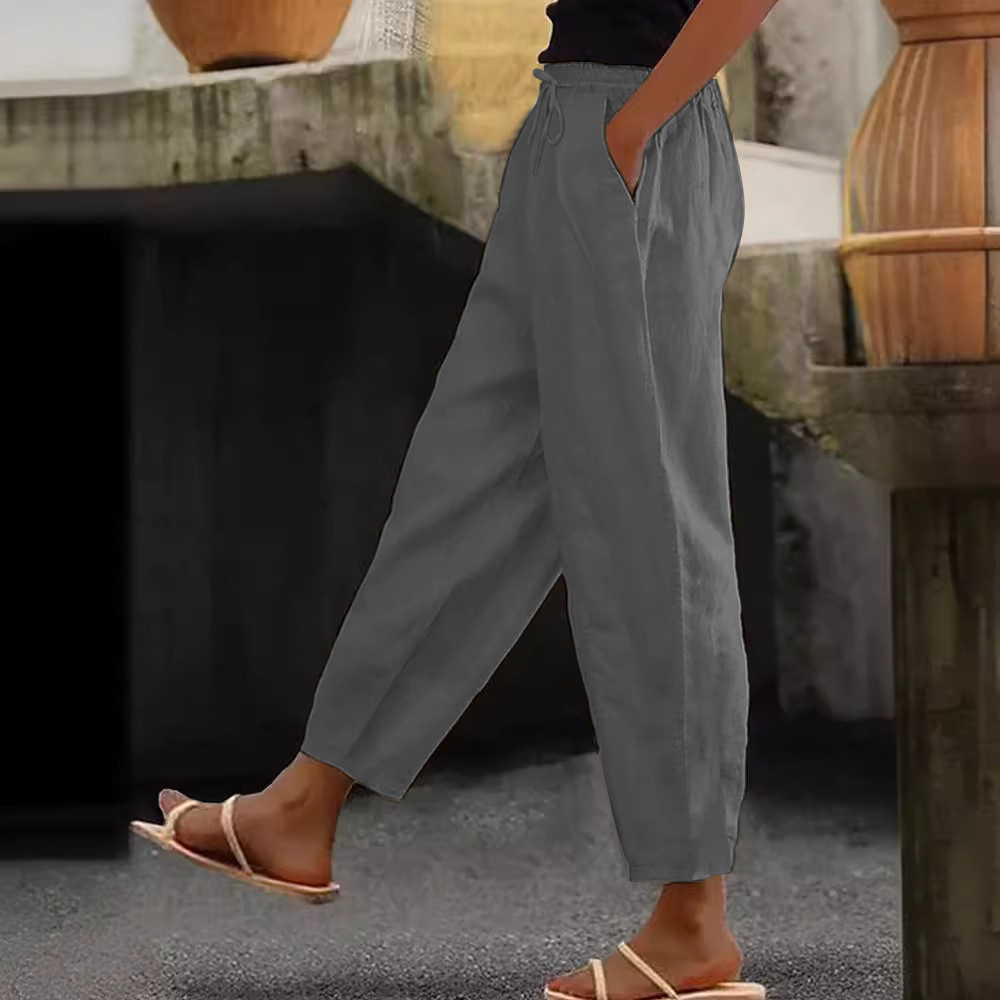 Women's Cotton-Linen Blend Solid Color Casual Pants with Side Pockets and Drawstring