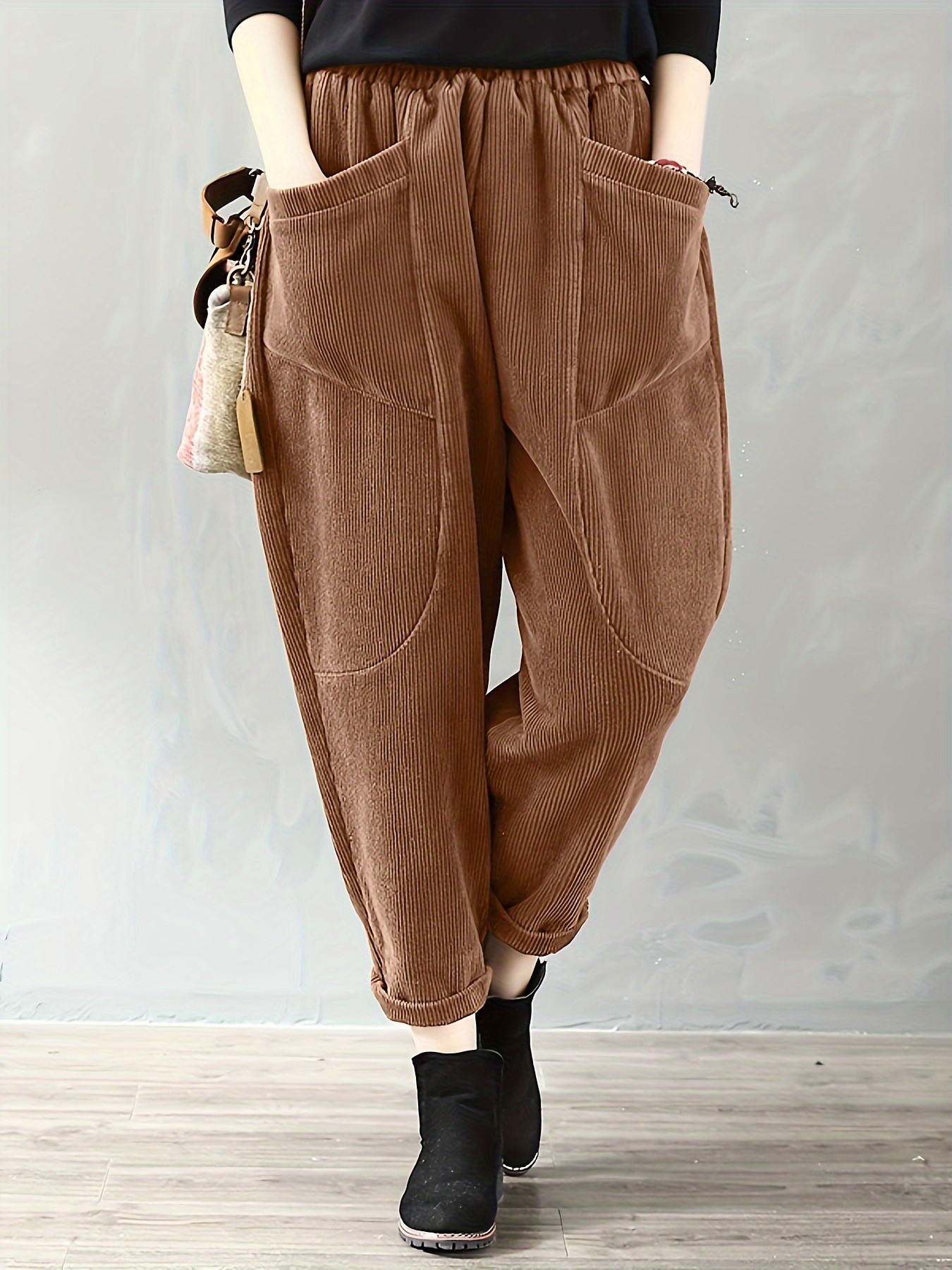 Women's Corduroy Elastic Waist Wide Leg Pants Plus Size
