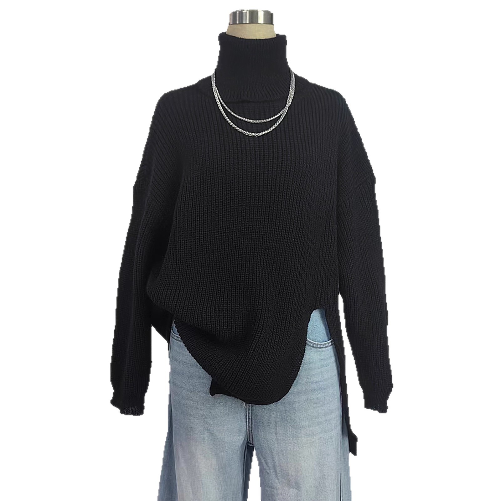 Women's High Neck Slit Tunic Sweater Plus Size Loose Pullover