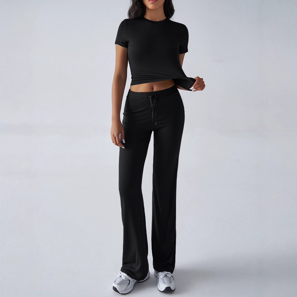 Women's Casual Two-Piece Set Short Sleeve Top & Long Pants Solid Color