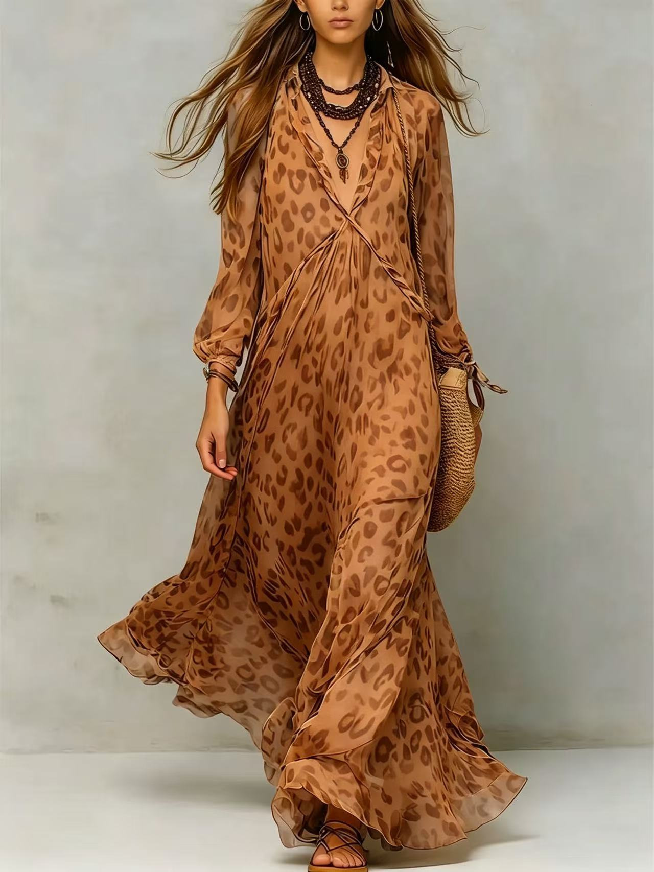 Women's Lantern Sleeve Chiffon Dress Deep V Neck Ruffled Long Geometric Print