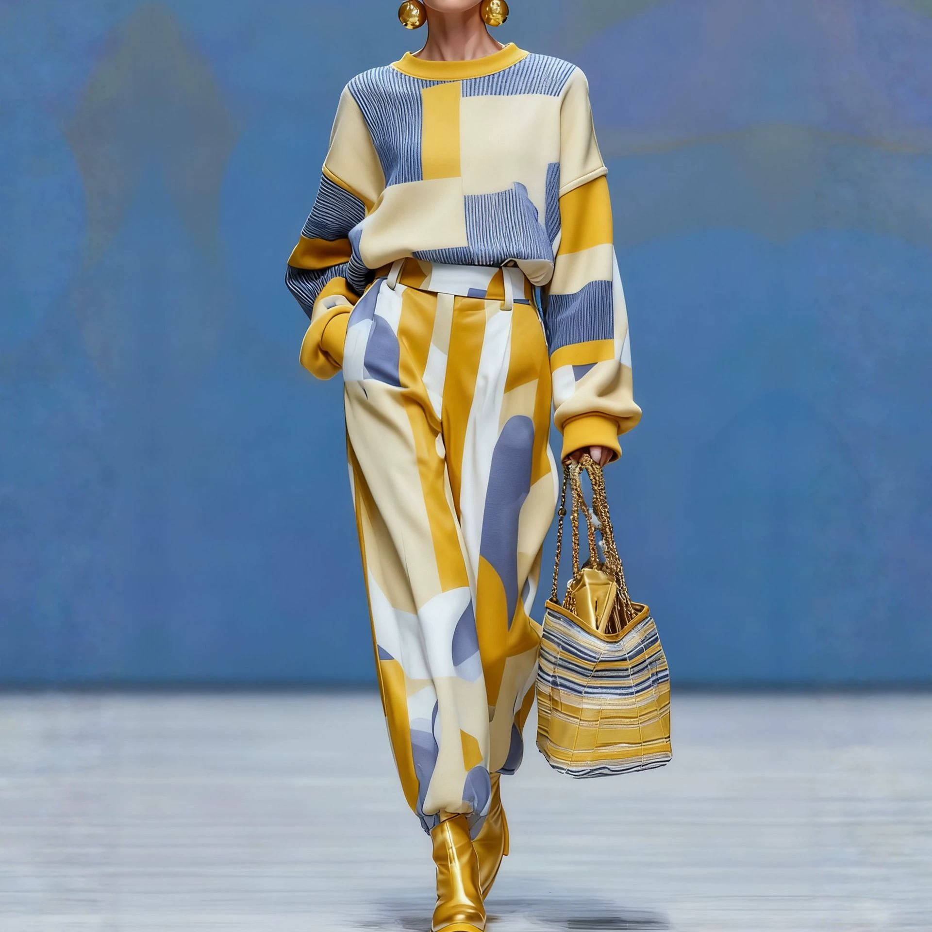 Color-Block Striped Knit Two-Piece Set with Wide-Leg Pants