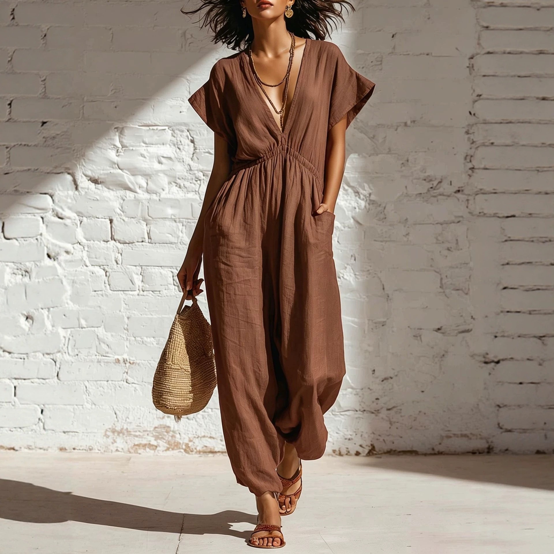Women's Summer Deep V-Neck Wide-Leg Jumpsuit with Waist Tie Streetwear