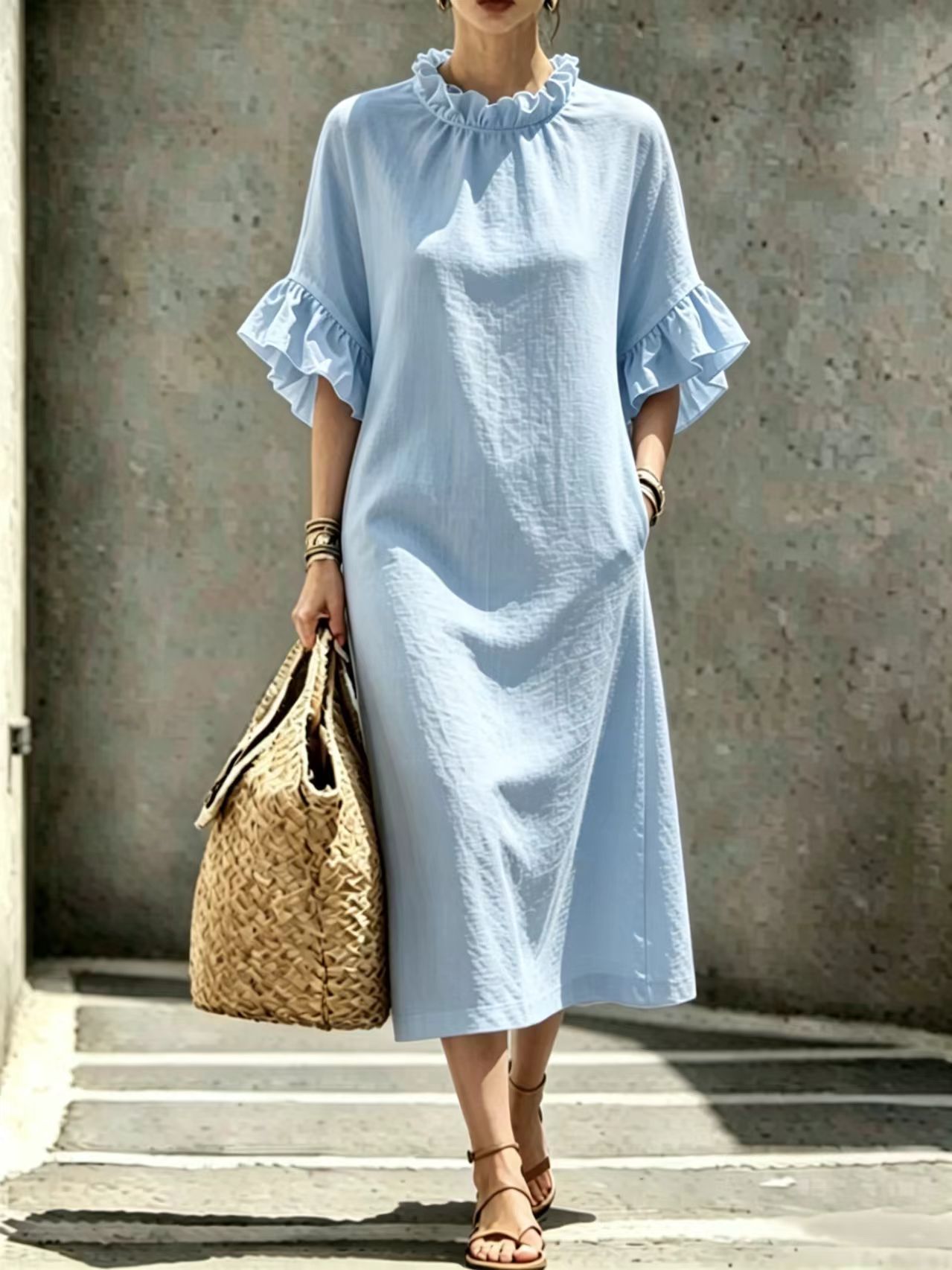 Ruffled Collar Petal Sleeve A-Line Midi Dress