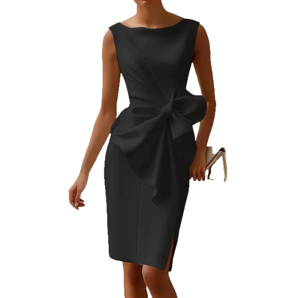 Solid Sleeveless Midi Dress with Bow