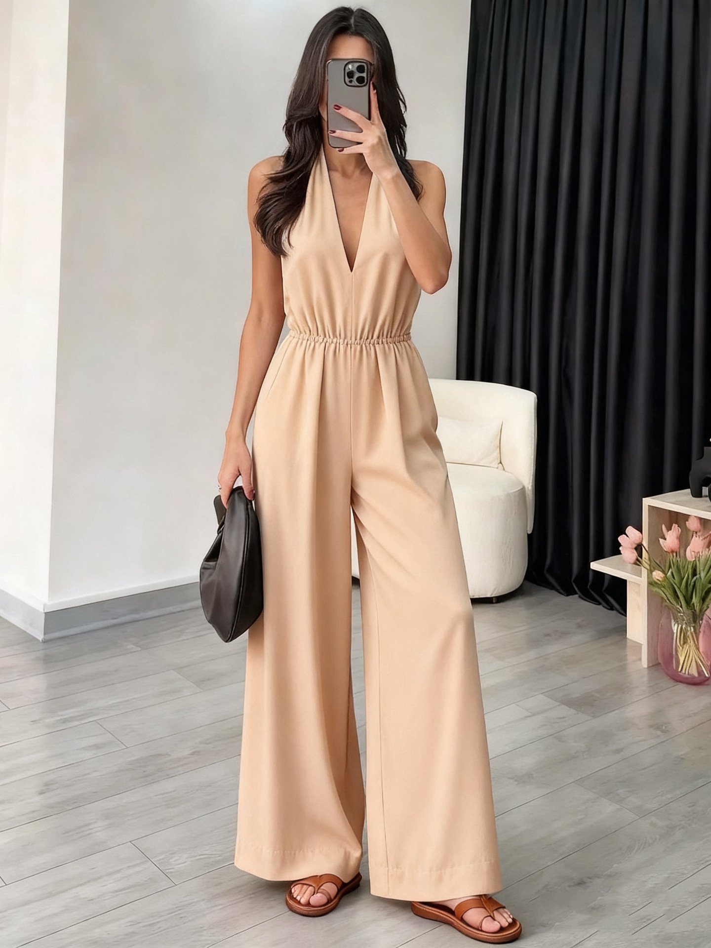 Women's V-Neck Halter Sleeveless Jumpsuit Solid Color Wide-Leg