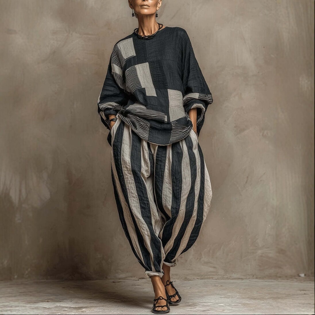 Women's Cotton-Linen Striped Two-Piece Set with Wide-Leg Pants