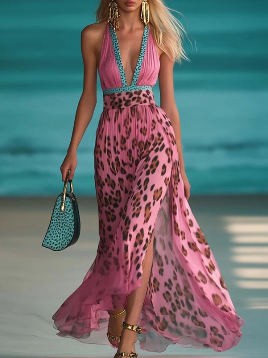 Women's Leopard Print Deep V Sleeveless Split Dress