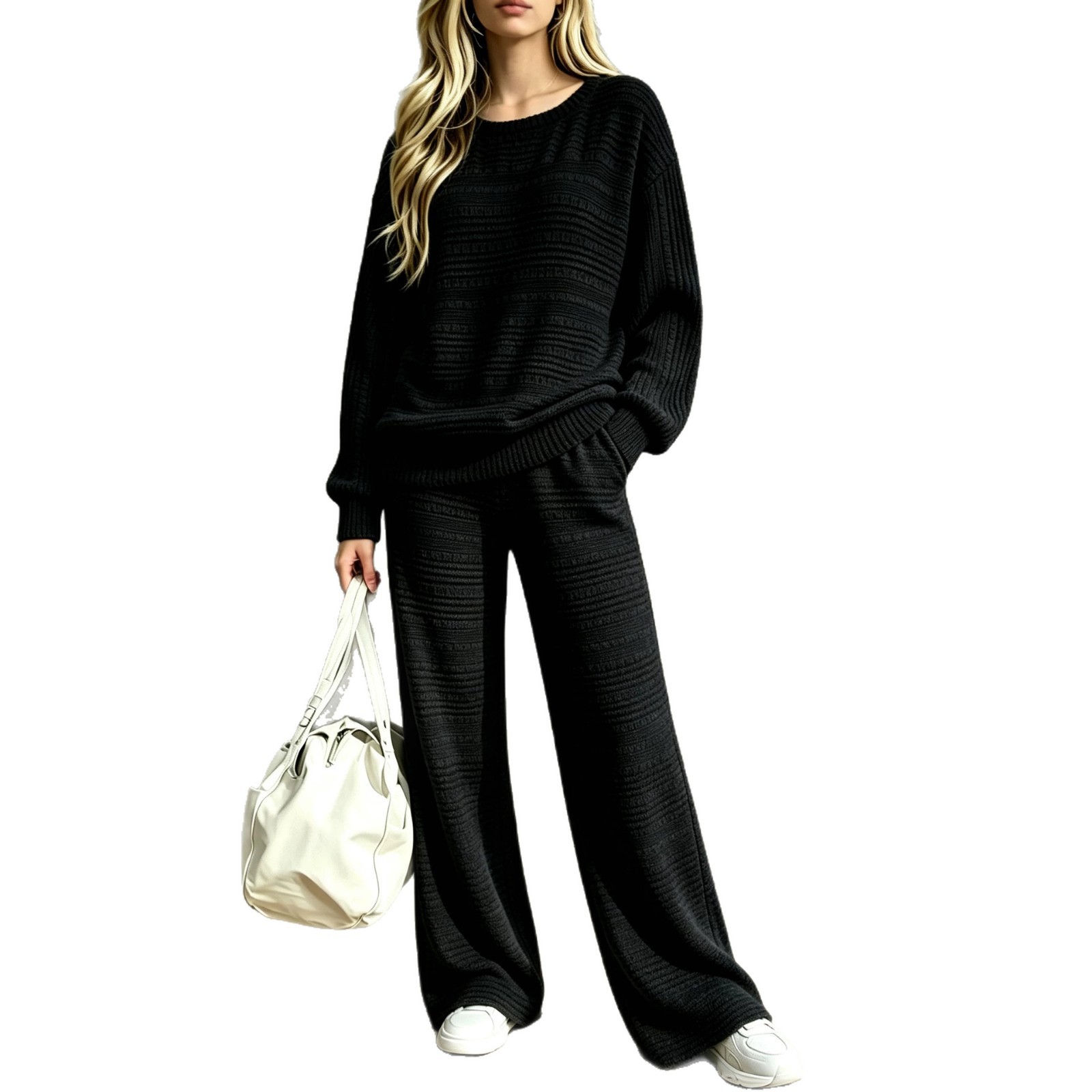 Ribbed Knit Two-Piece Set Long Sleeve Top & Wide-Leg Pants