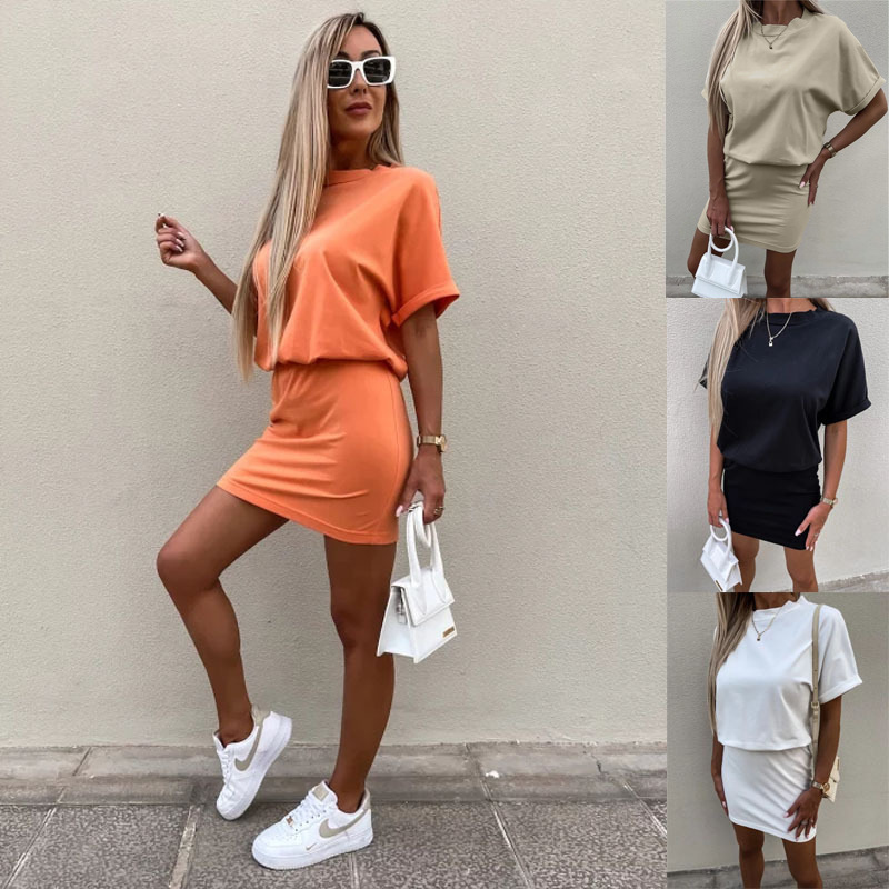 Women's Solid Color Casual Athletic Dress Short Sleeve Round Neck Elastic Waist