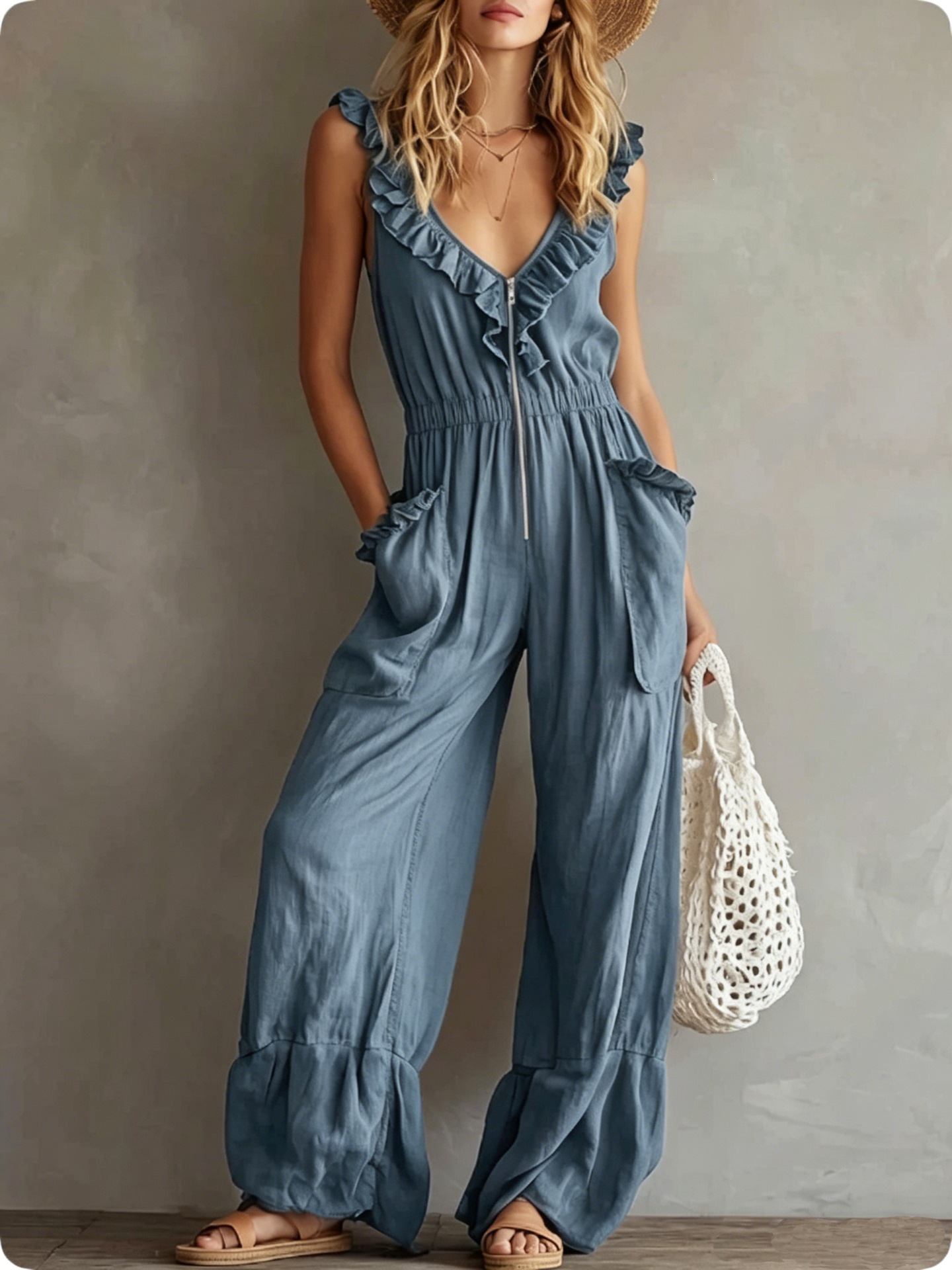 Bohemian V-Neck Ruffle Sleeveless Jumpsuit with Front Zip and Elastic Waist