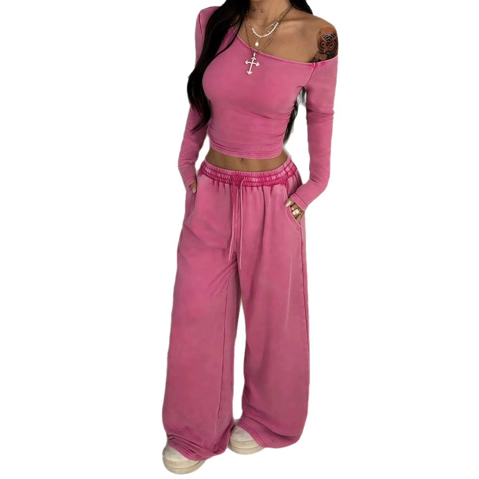 Washed Off-Shoulder Top & Wide-Leg Pants Lounge Set