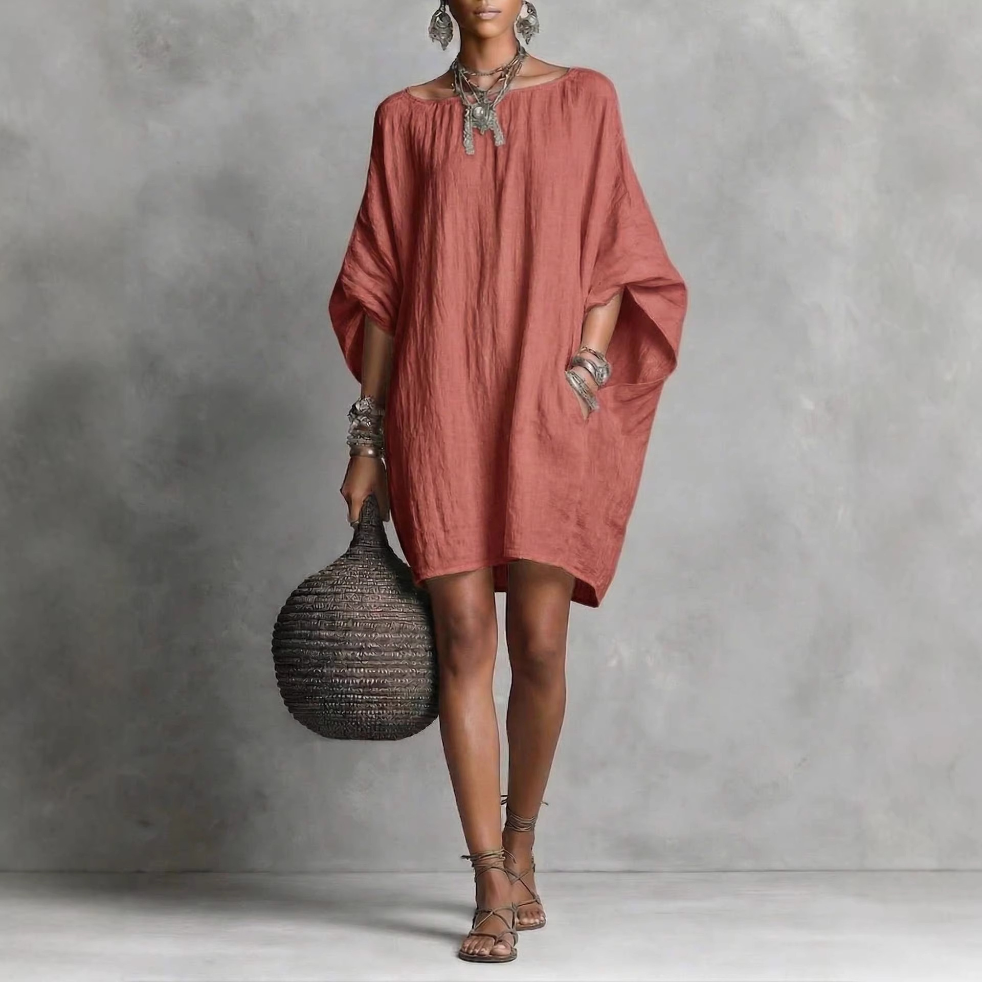 Women's Casual Loose Batwing Sleeve Midi Dress Faux Cotton Linen Pleated