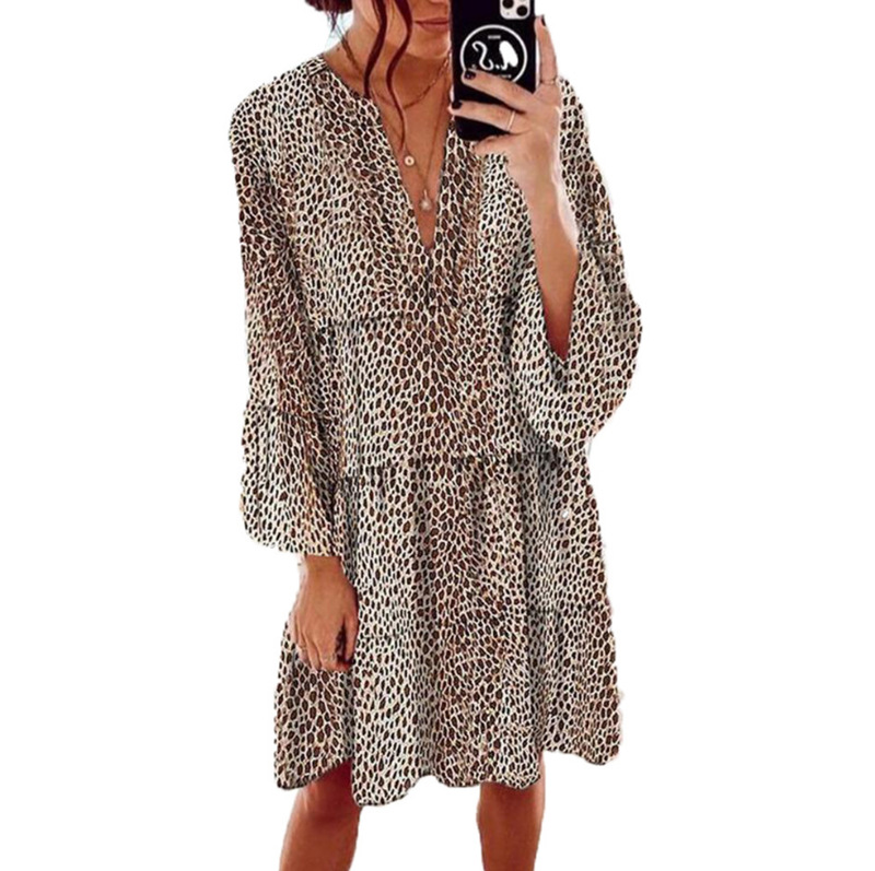 Leopard Print V-Neck Long Sleeve Pleated Midi Dress