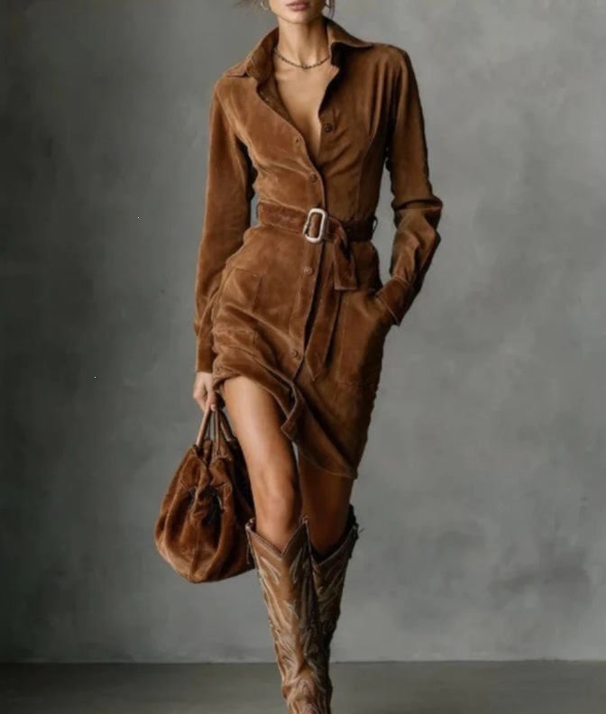 Faux Suede Long-Sleeve Collared Button-Front Shirt Dress with Belt