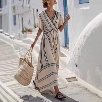 Striped V-Neck Ruched Sleeve A-Line Midi Dress