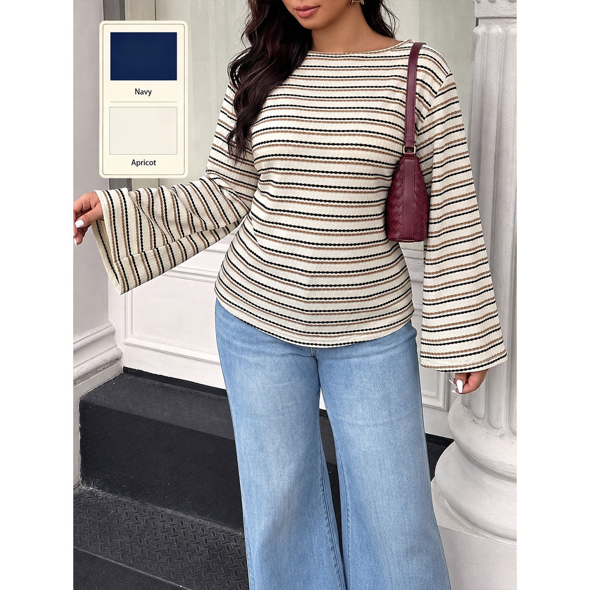 Women's Plus Size Striped Bell Sleeve Top Round Neck Loose Fit Long Sleeve Casual Tee