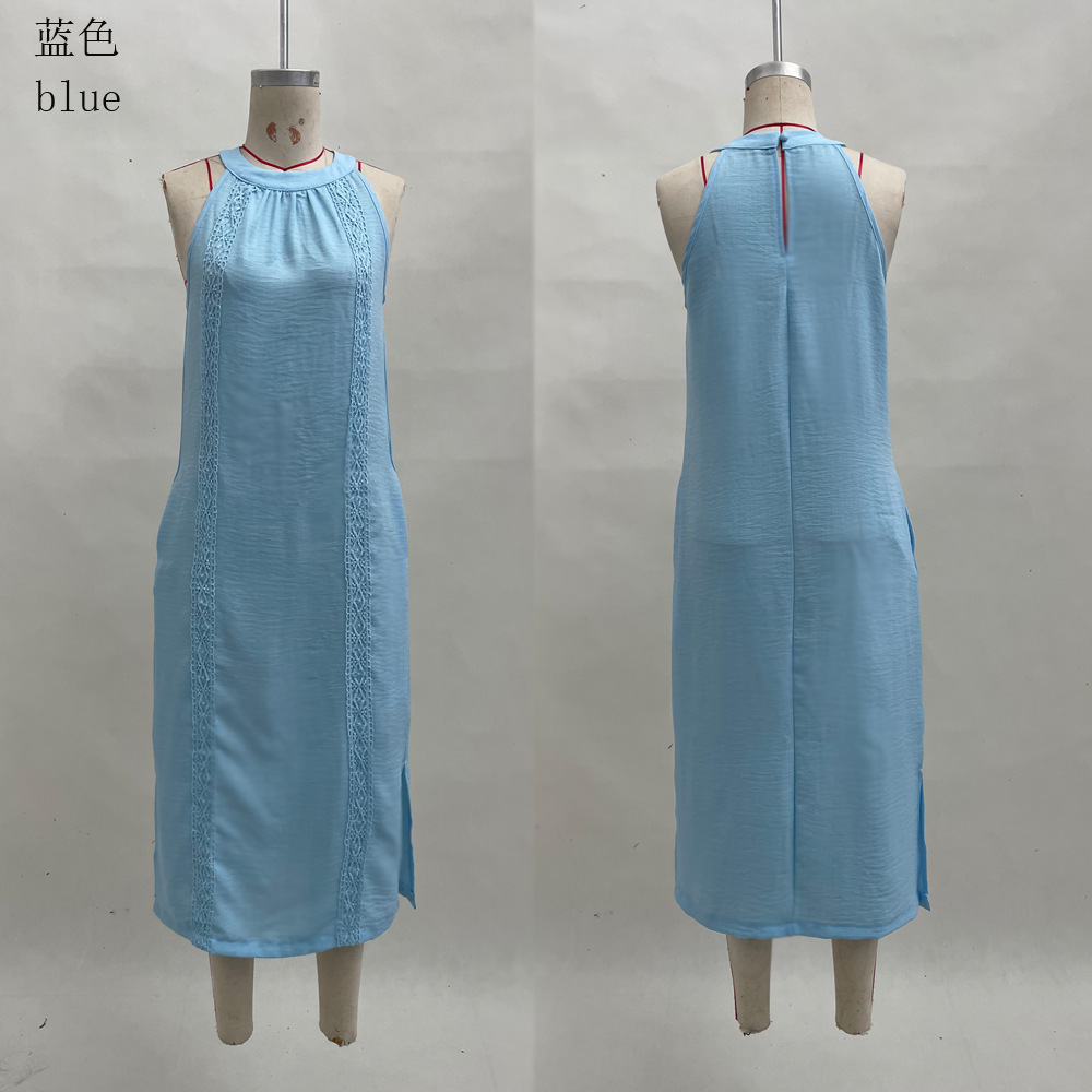 Women's Halter Neck Sleeveless Lace Panel Midi Dress