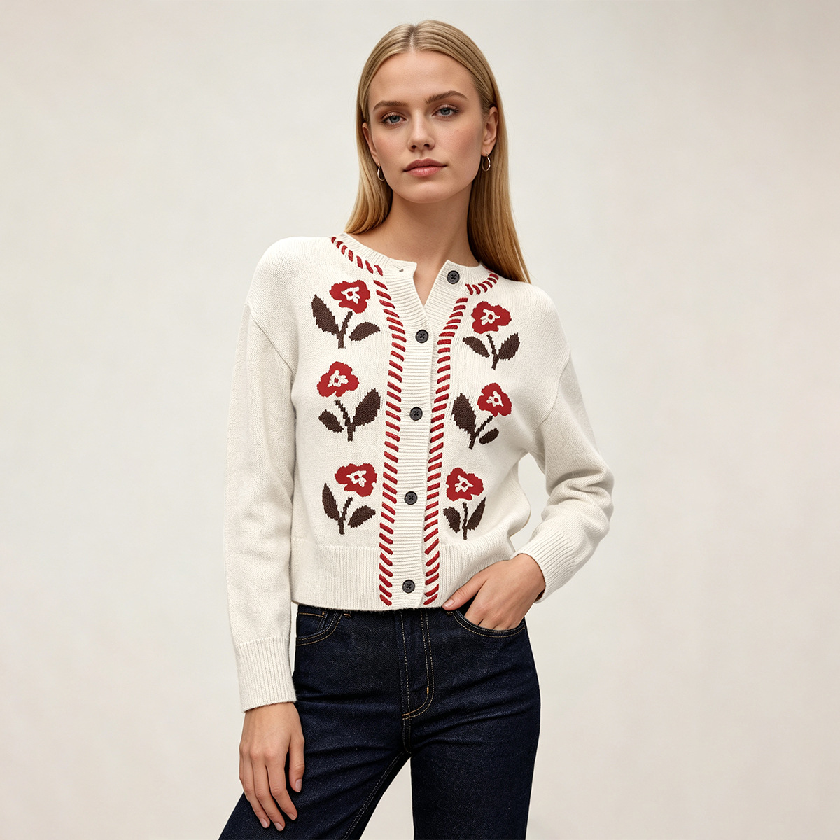 Floral Jacquard Knit Cardigan Women Round Neck Button Long Sleeve
