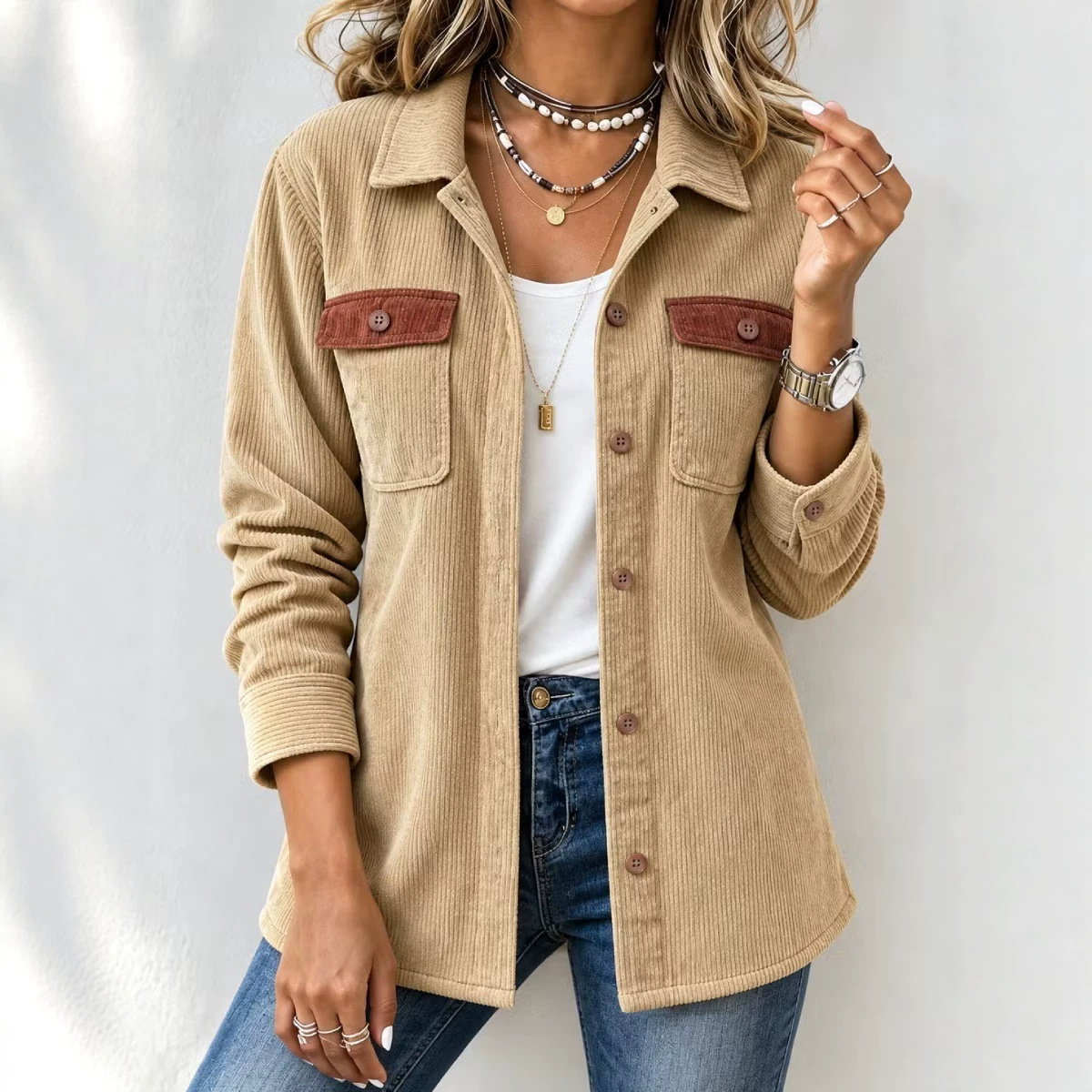 Women's Corduroy Button Pocket Casual Jacket