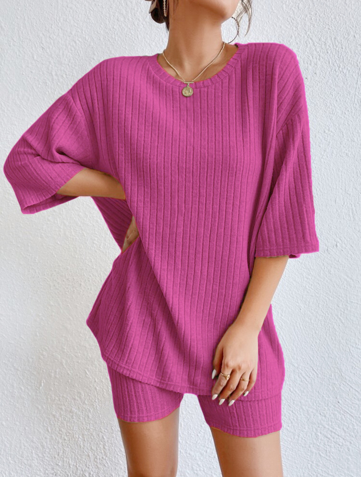 Women's Solid Color Crewneck Loose Shorts Set