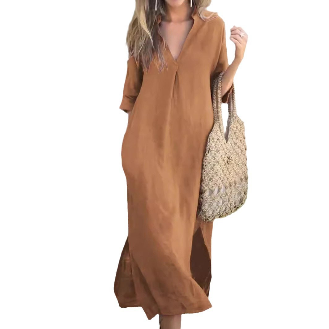 Women's V-Neck Pleated Midi Dress with Side Slits