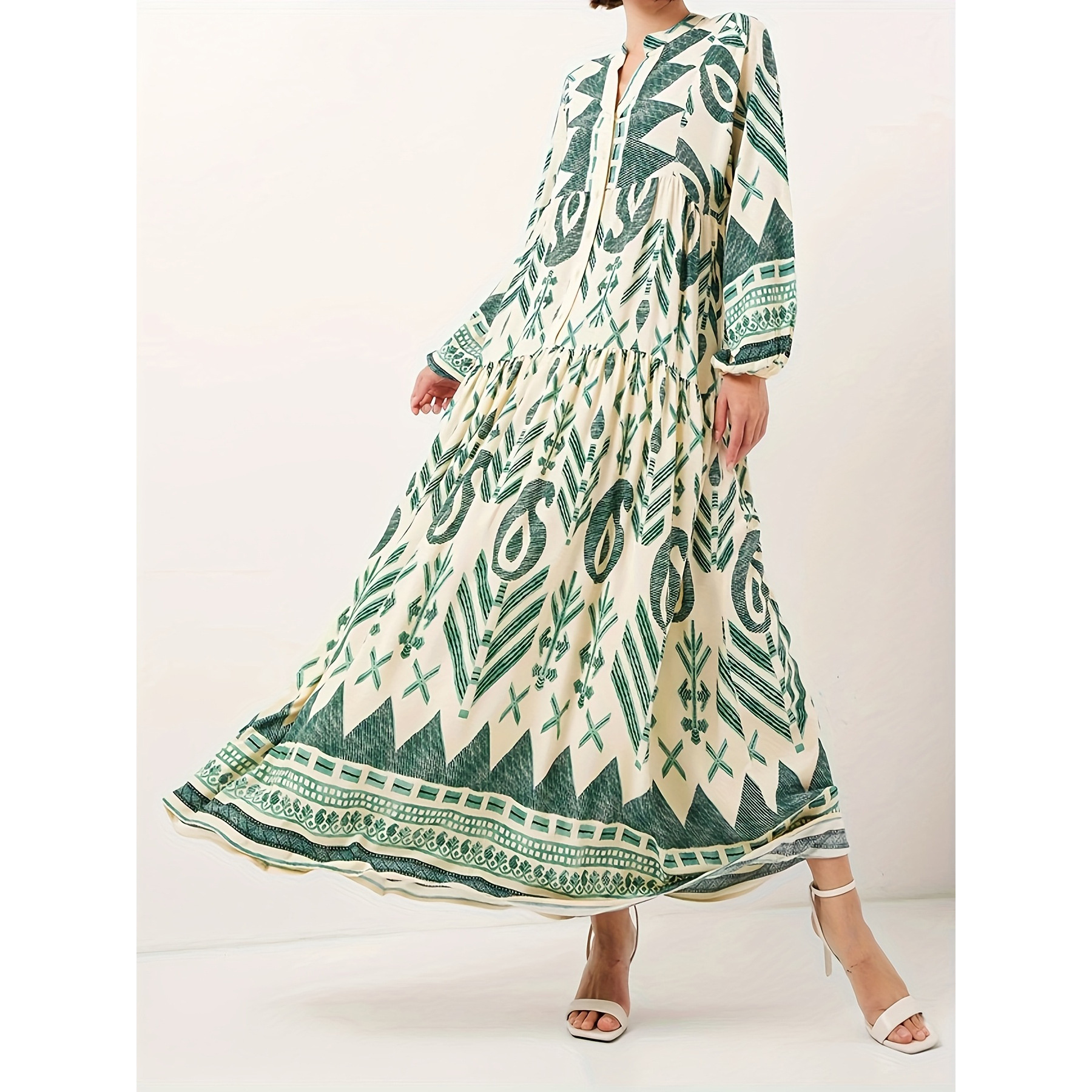Women's Digital Print Long Sleeve V-Neck Maxi Dress