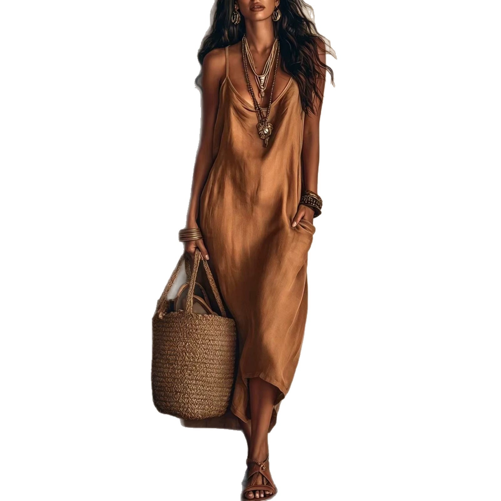 Women's Cowl Neck Sleeveless Satin Midi Dress
