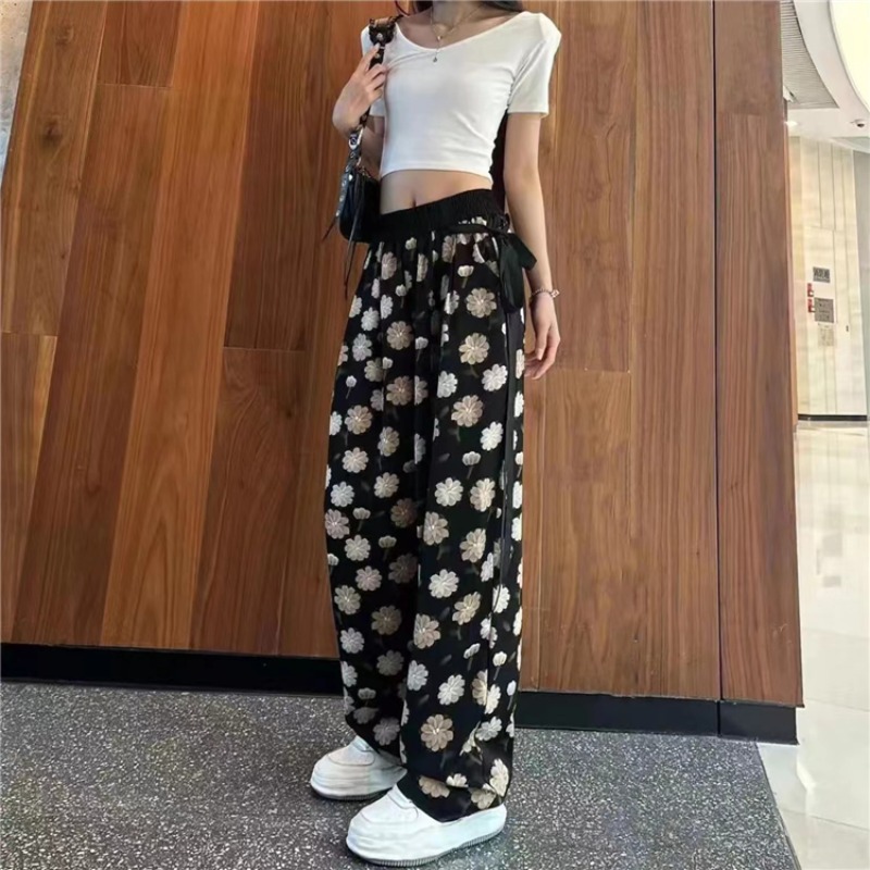 Women's New Chinese Style Ice Silk Chiffon Wide-Leg Pants Ink Wash Straight-Leg