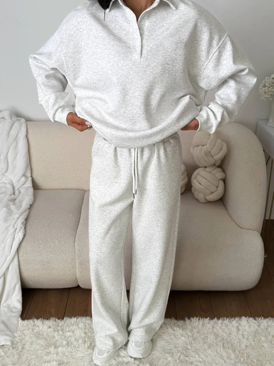 Women's Casual Two-Piece Sweatsuit Solid Color Buttoned Collar Top and Drawstring Pants