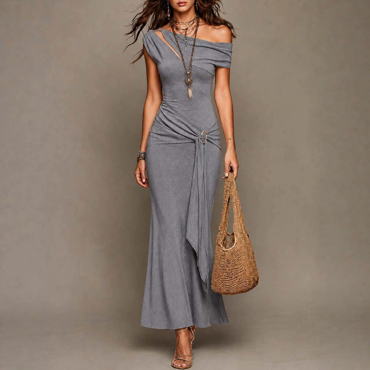 One-Shoulder Cutout Twist Knot Tie-Waist Bodycon Mermaid Maxi Dress