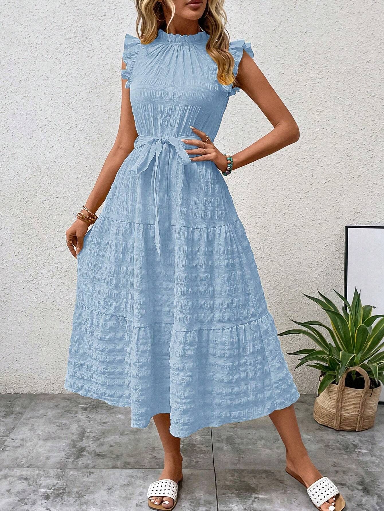 Women's Summer Ruffle Trim Flutter Sleeve Tie Textured Dress