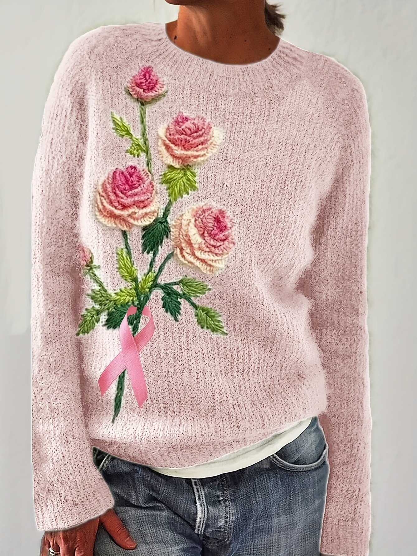 Women's 3D Floral Knit Sweater Crew Neck Long Sleeve Pullover