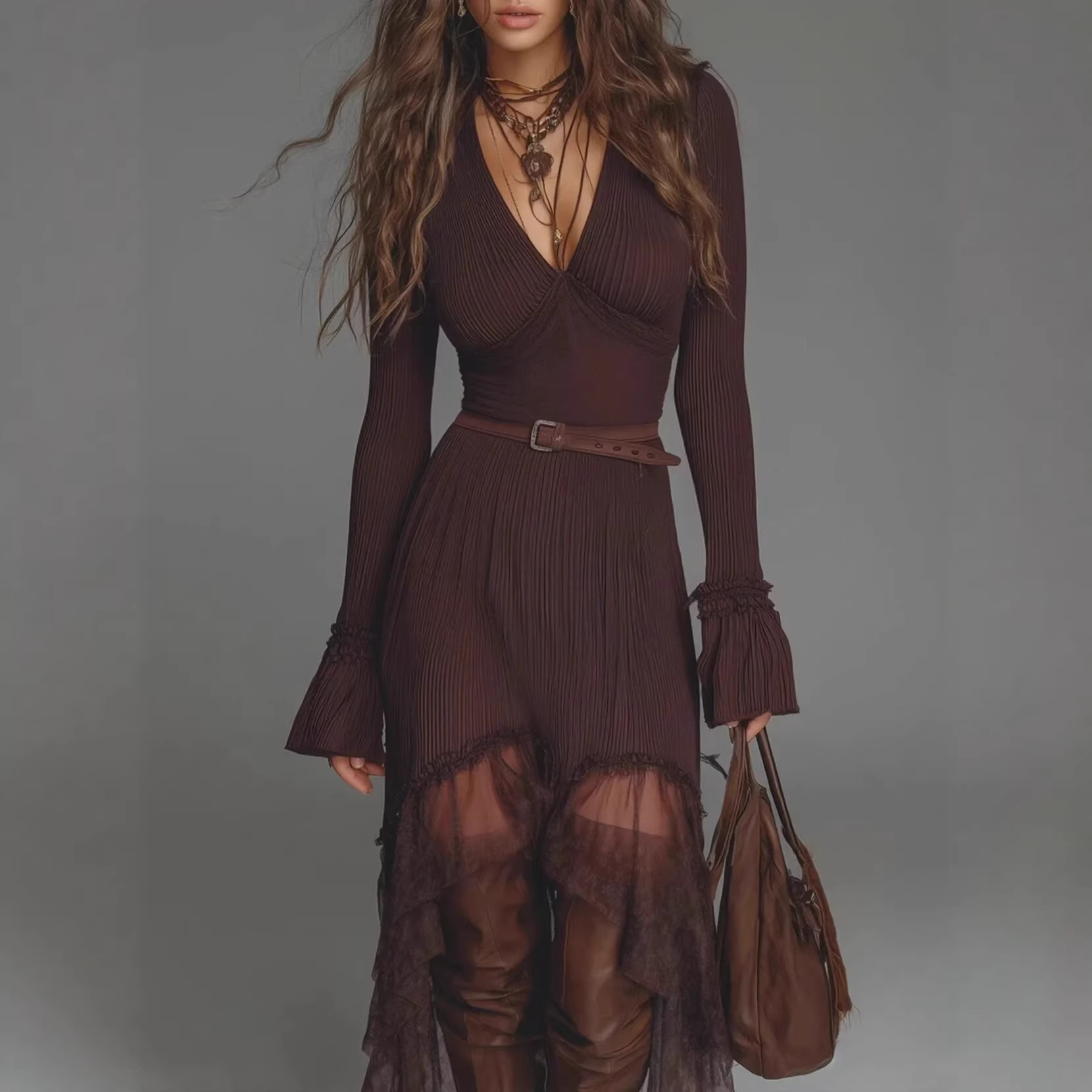 V-Neck Long Sleeve Mesh Panel Dress with Belt