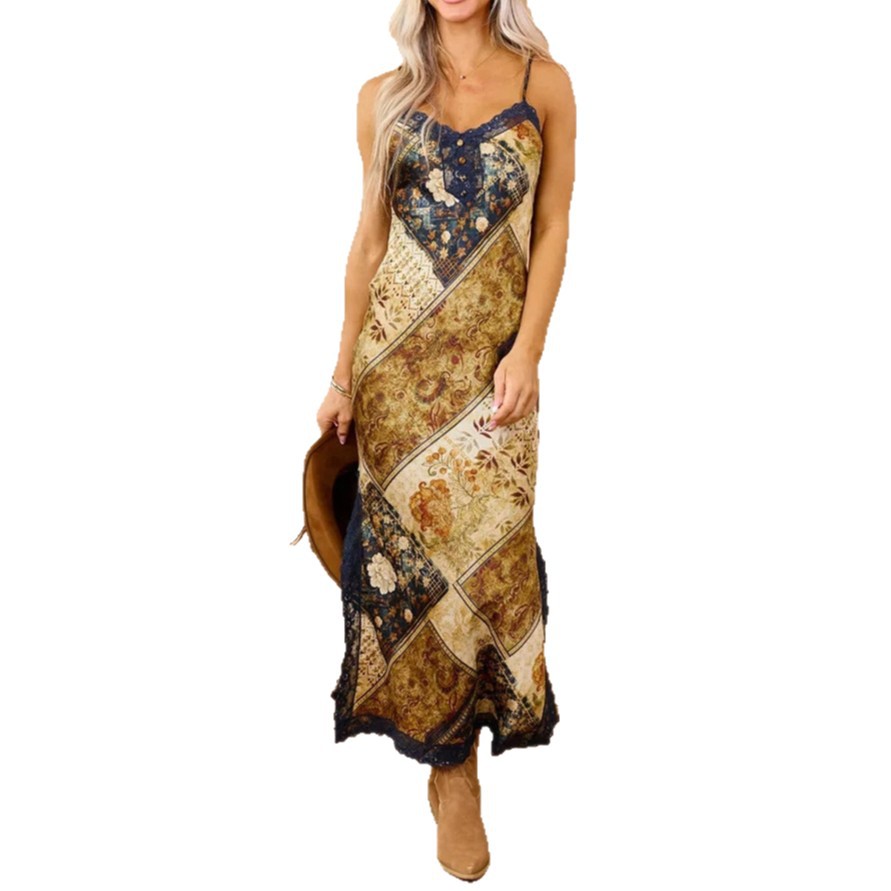 Women's Sleeveless Slip Dress Elegant Floral Print Long A-Line